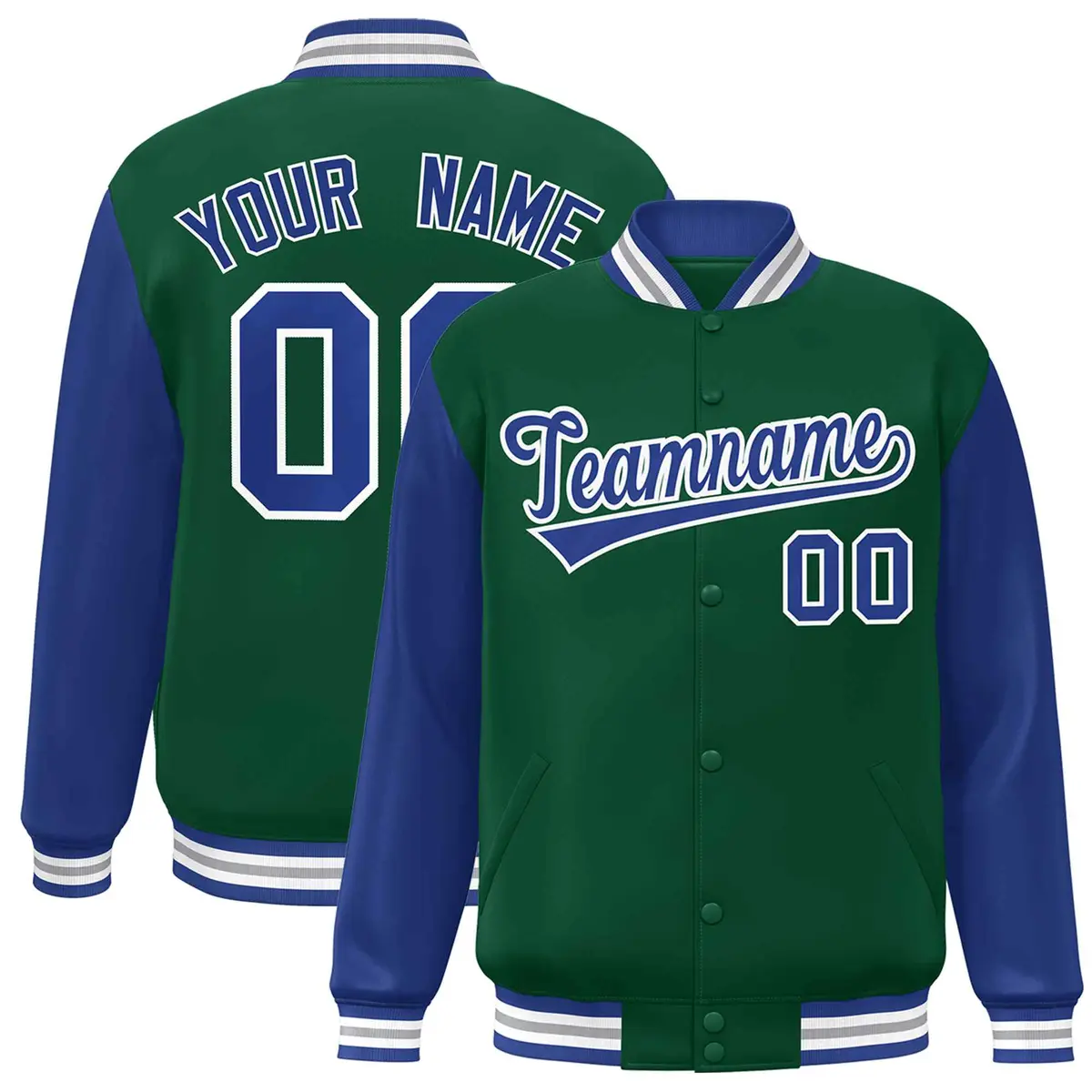 Green Royal-White Raglan Varsity Full-Snap Letterman Jacket
