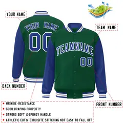 Green Royal-White Raglan Varsity Full-Snap Letterman Jacket 2