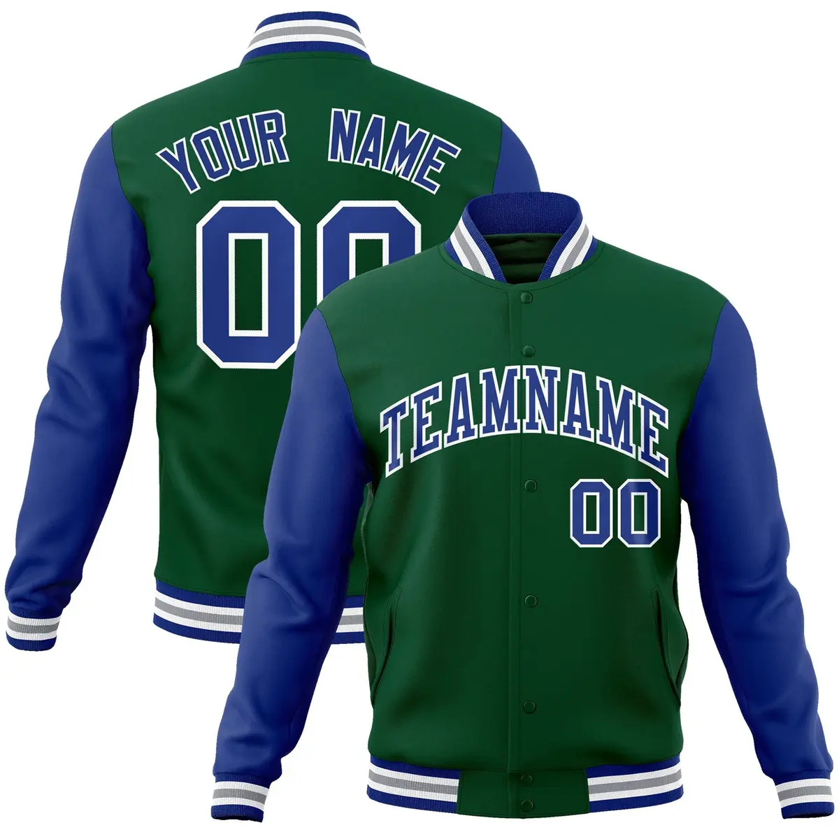 Green Royal-White Raglan Varsity Full-Snap Letterman Jacket