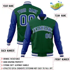 Green Royal-White Raglan Varsity Full-Snap Letterman Jacket 4