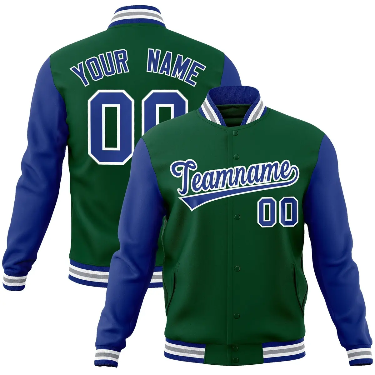 Green Royal-White Raglan Varsity Full-Snap Letterman Jacket