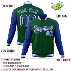 Green Royal-White Raglan Varsity Full-Snap Letterman Jacket 4