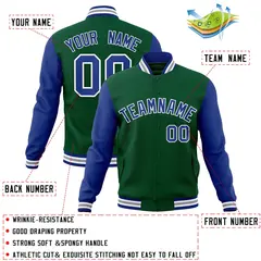 Green Royal-White Raglan Varsity Full-Snap Letterman Jacket 4