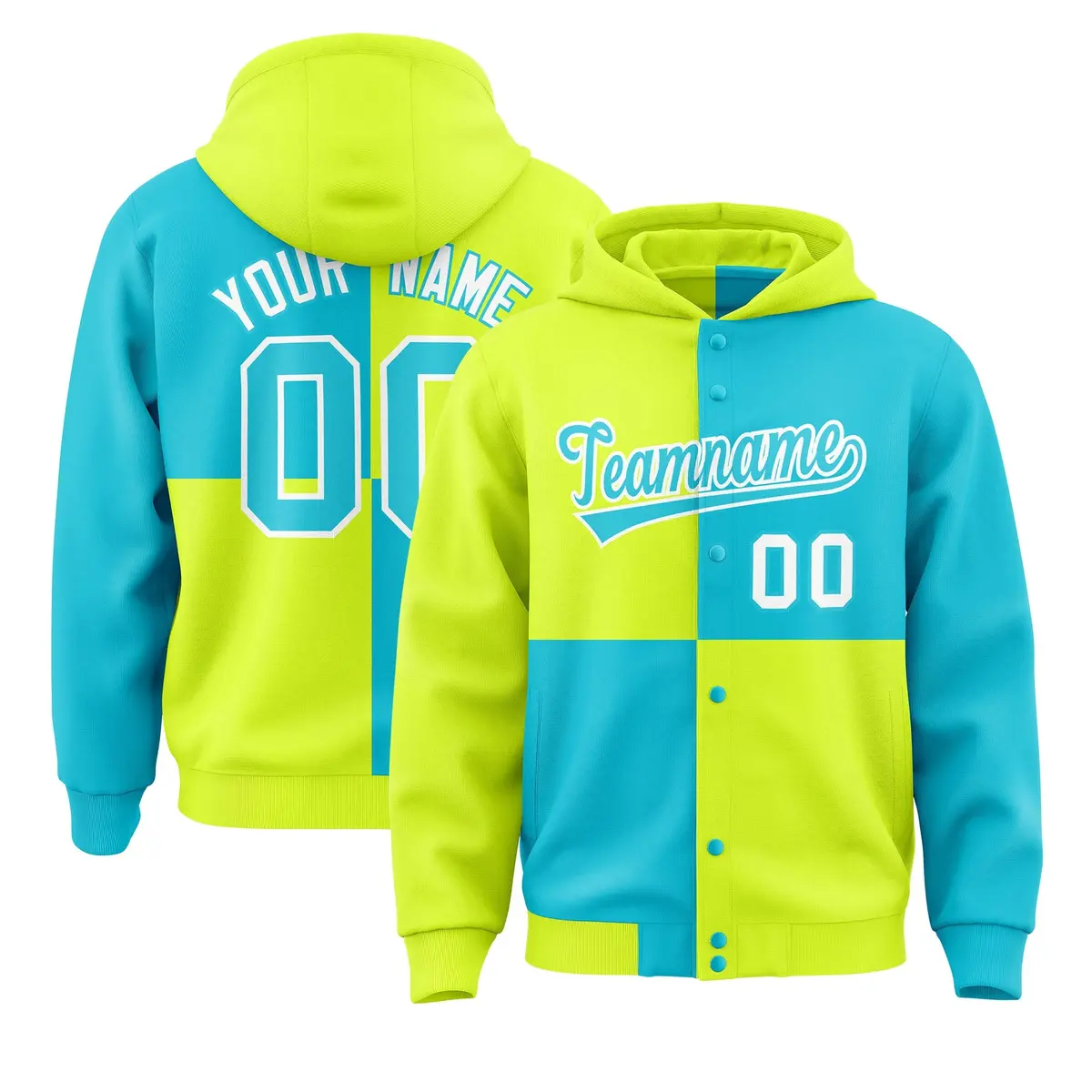 Green Sky Blue Color Block Varsity Letterman Jacket Hoodie