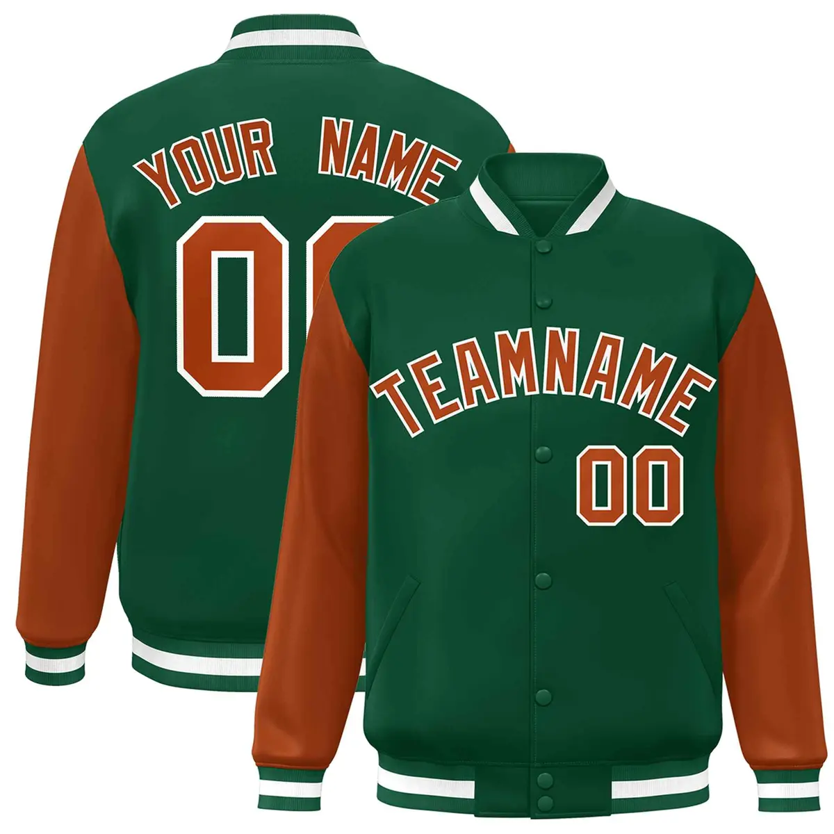 Green Texas Orange-White Raglan Varsity Full-Snap Letterman Jacket