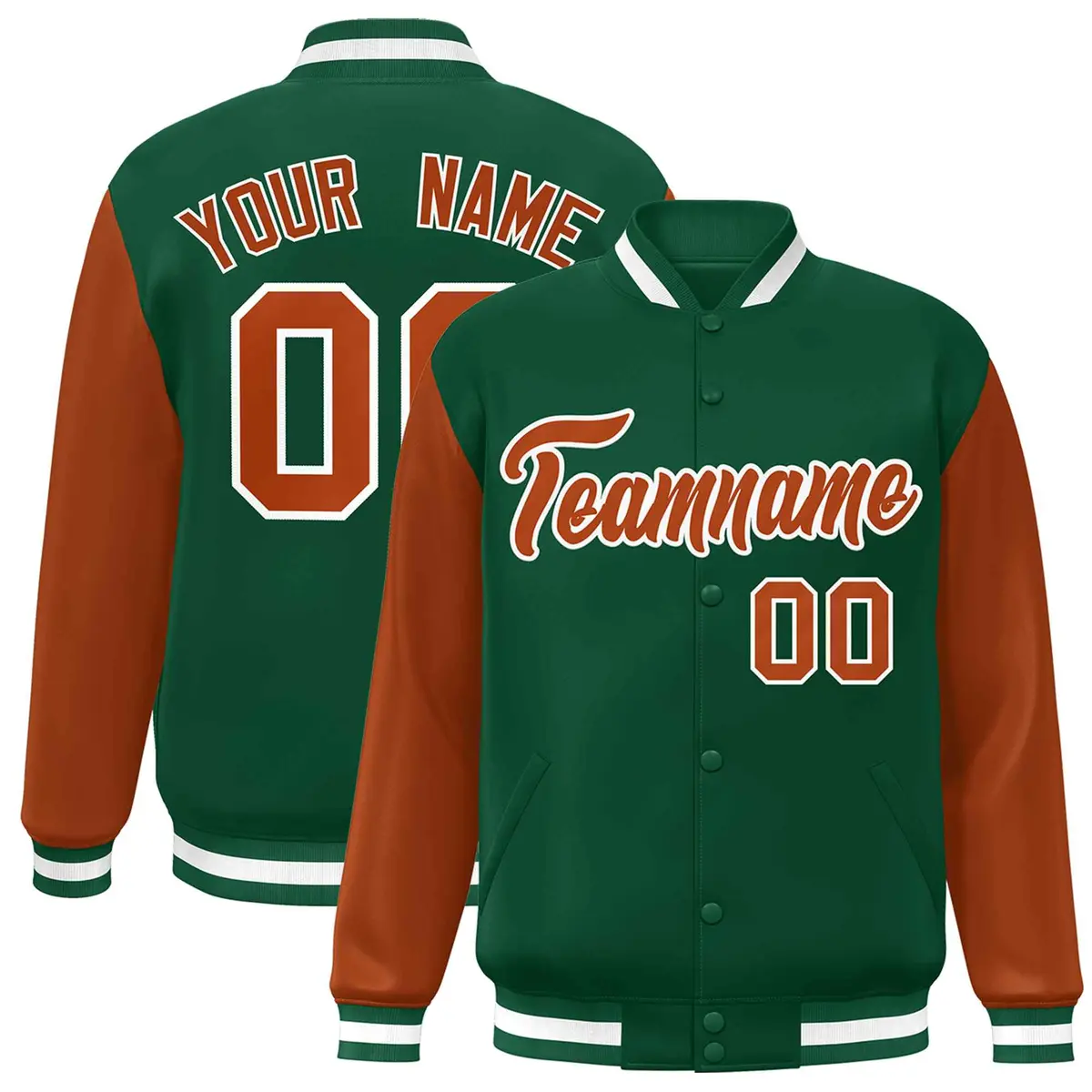 Green Texas Orange-White Raglan Varsity Full-Snap Letterman Jacket