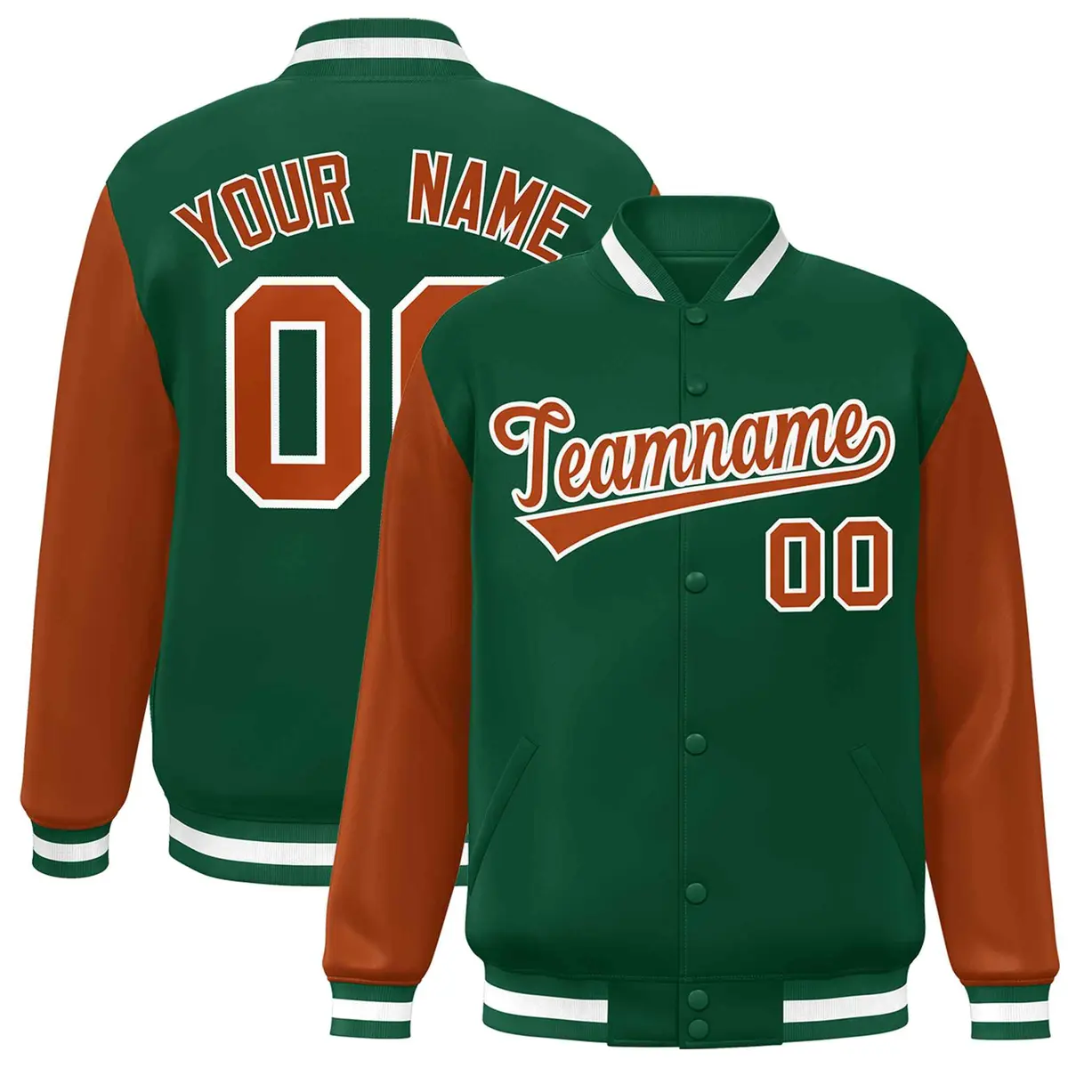 Green Texas Orange-White Raglan Varsity Full-Snap Letterman Jacket