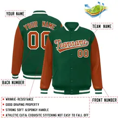Green Texas Orange-White Raglan Varsity Full-Snap Letterman Jacket 2