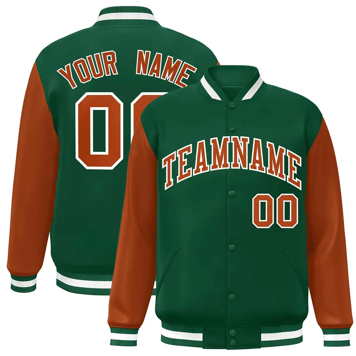Green Texas Orange-White Raglan Varsity Full-Snap Letterman Jacket