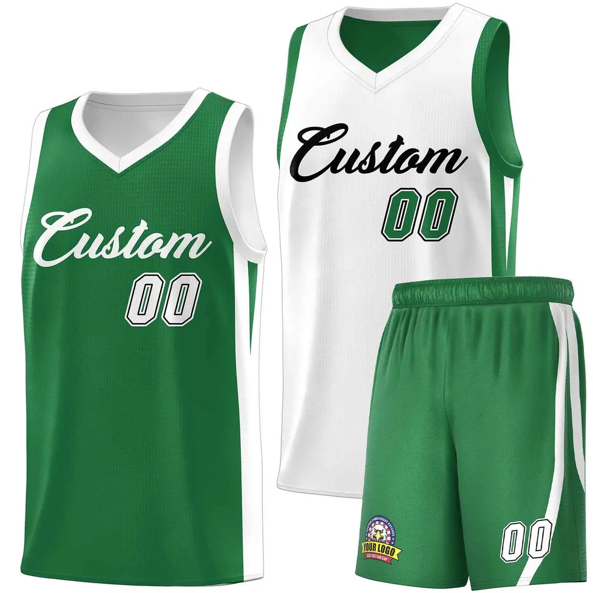 Green White-Black Double Side Men Basketball Jersey