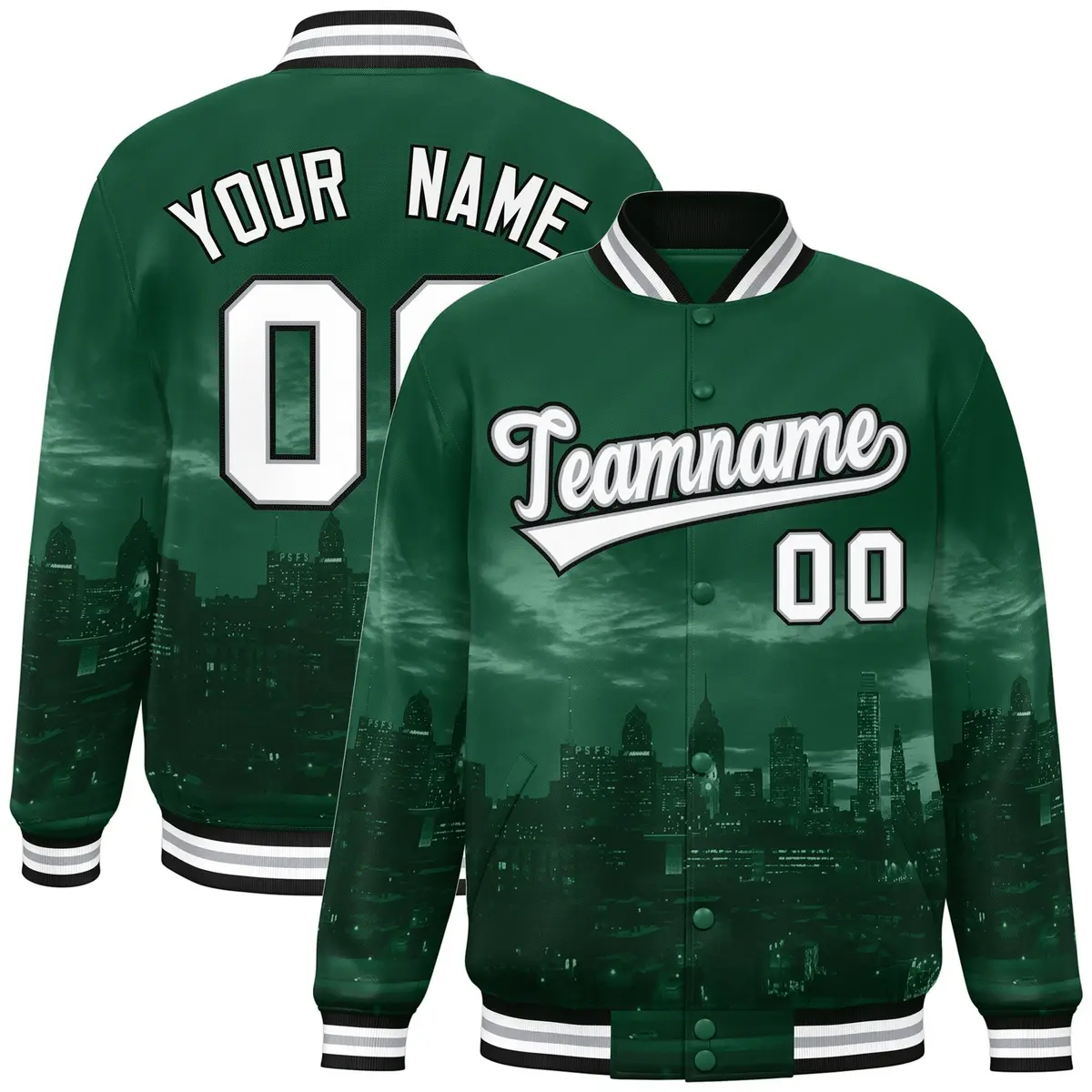 Green White-Black Philadelphia Skyline Track Varsity Full-Snap Jacket