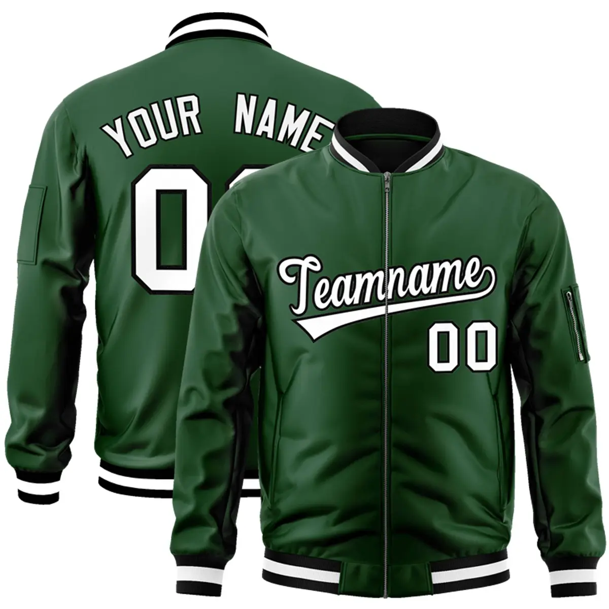 Green White-Black Varsity Full-Zip Letterman Bomber Jacket
