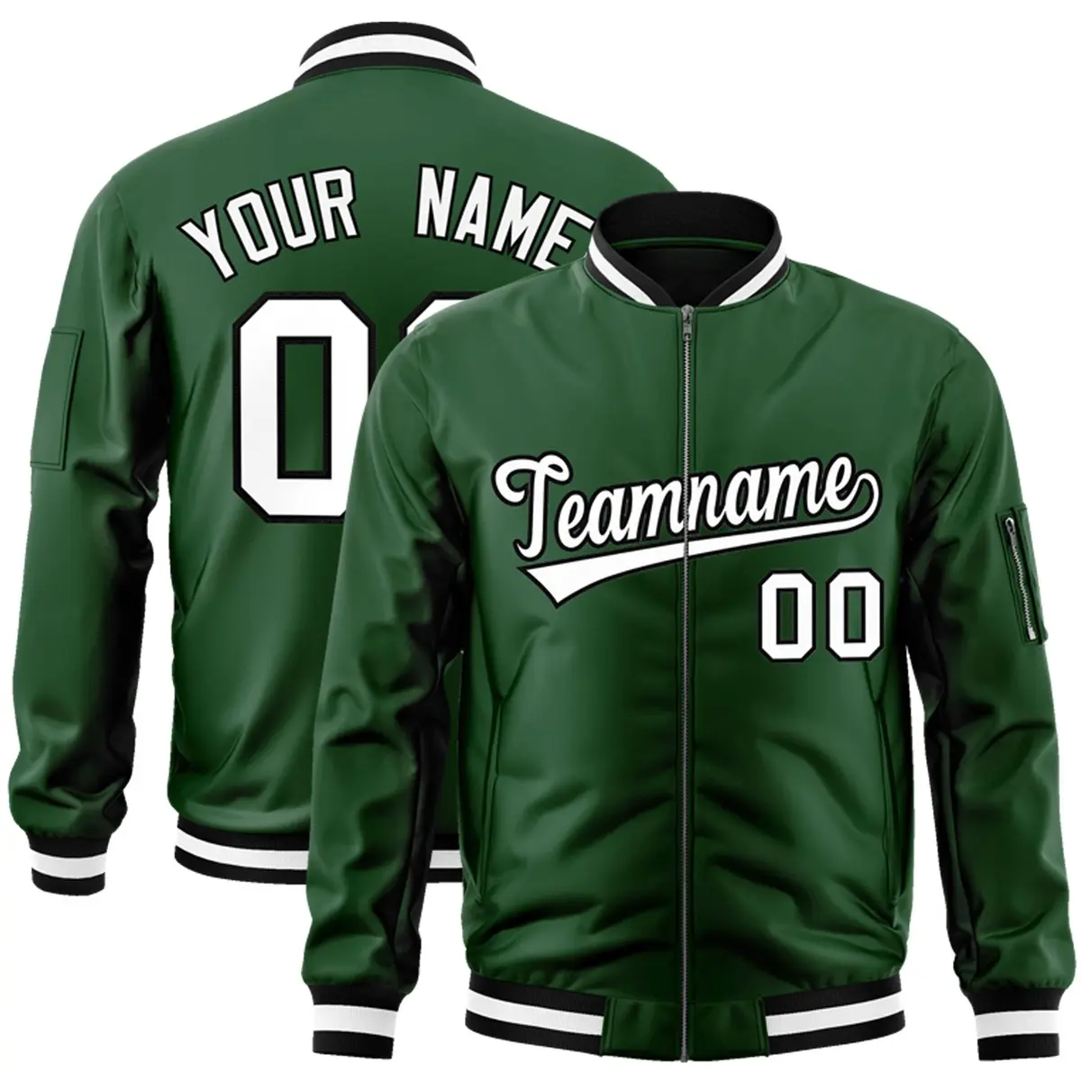 Green White-Black Varsity Full-Zip Letterman Bomber Jacket