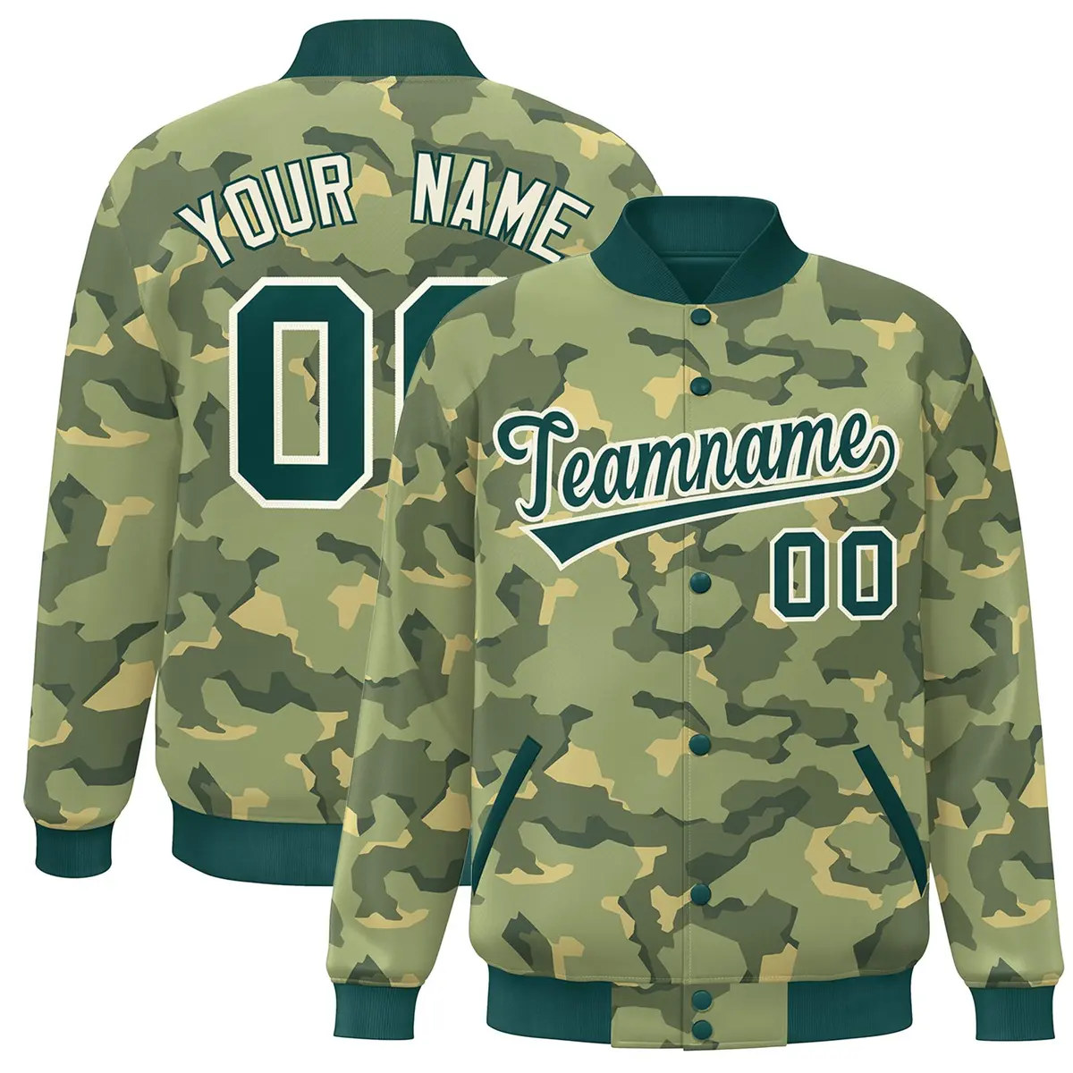 Green White Camo Varsity Letterman Bomber Jacket