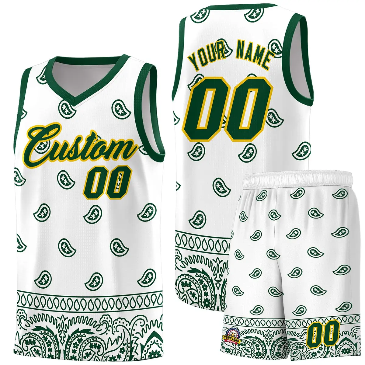 Green White Cashew Pattern Basketball Jersey Sports Uniform