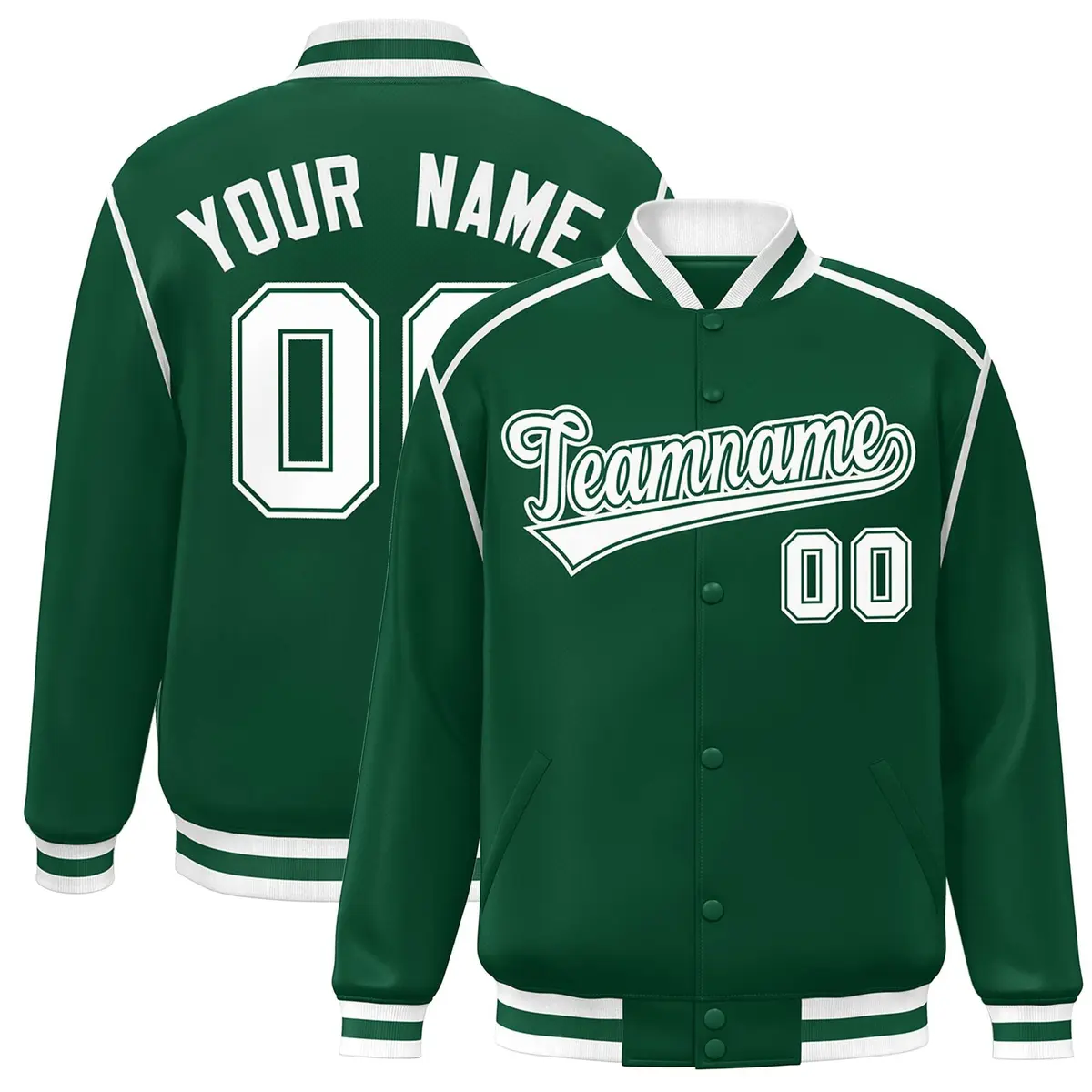Green White Color Block Ribbon Varsity Full-Snap Bomber Jacket