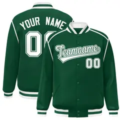 Green White Color Block Ribbon Varsity Full-Snap Bomber Jacket 1