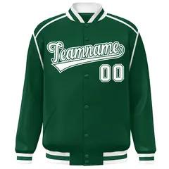 Green White Color Block Ribbon Varsity Full-Snap Bomber Jacket 3