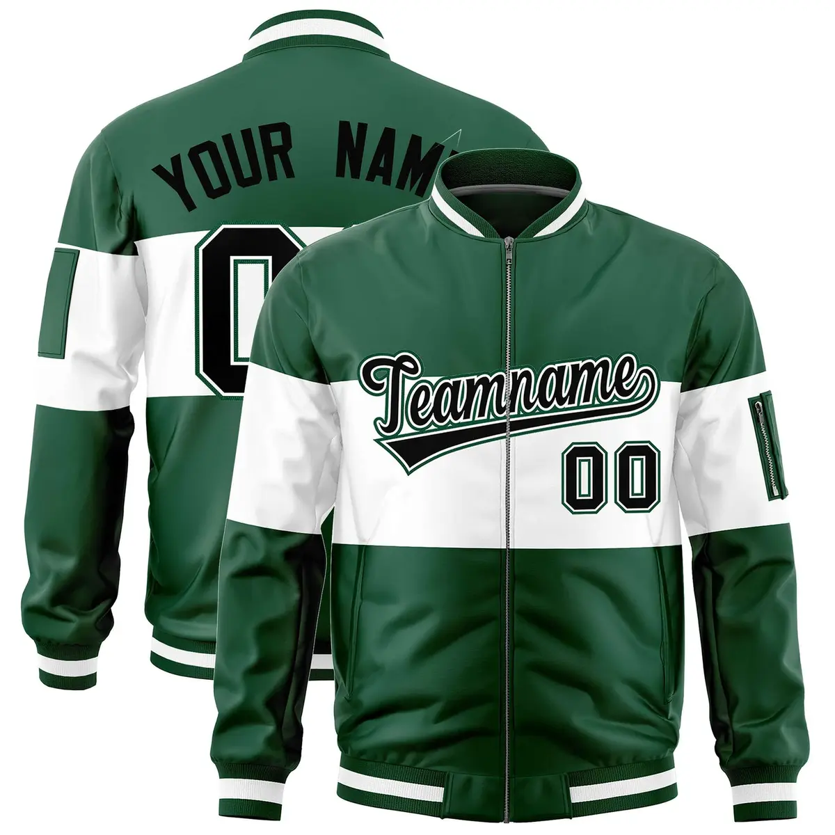 Green White Color Block Varsity Letterman Bomber Jacket
