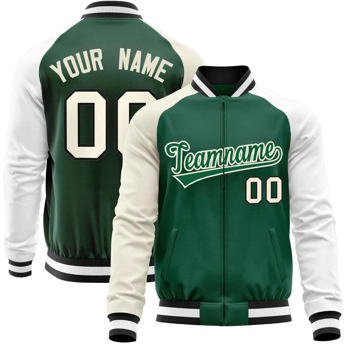 Green White-Cream Varsity Full-Zip Raglan Letterman Baseball Jacket