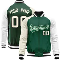 Green White-Cream Varsity Full-Zip Raglan Letterman Baseball Jacket 1