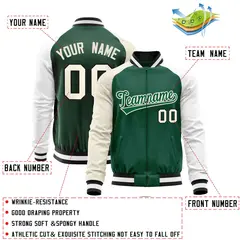 Green White-Cream Varsity Full-Zip Raglan Letterman Baseball Jacket 4
