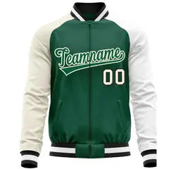 Green White-Cream Varsity Full-Zip Raglan Letterman Baseball Jacket 5