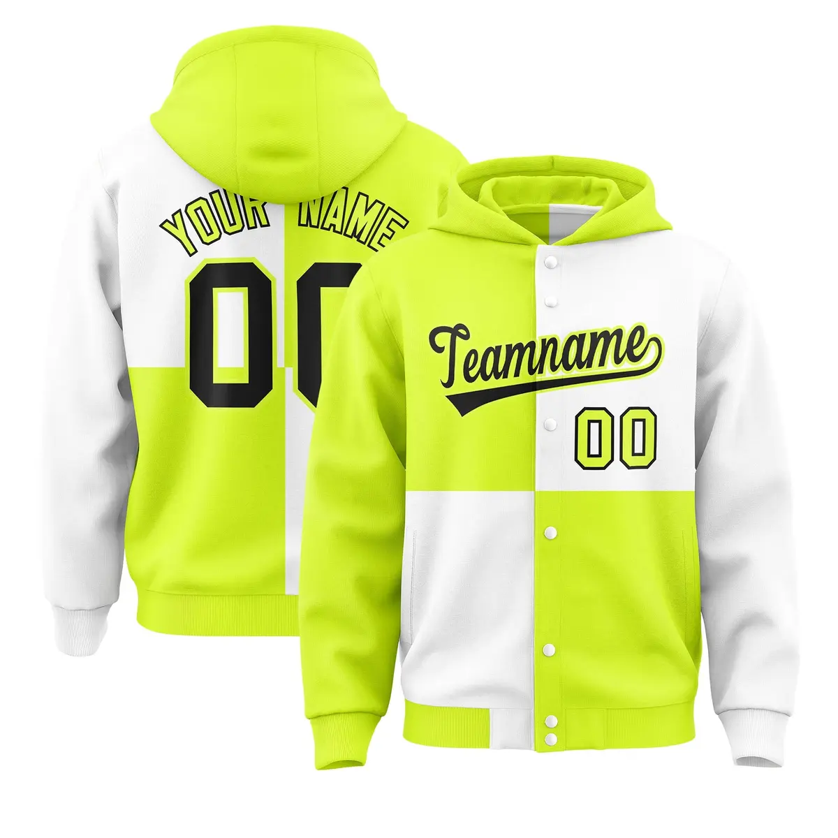 Green White Four Squares Color Block Varsity Letterman Jacket Hoodie