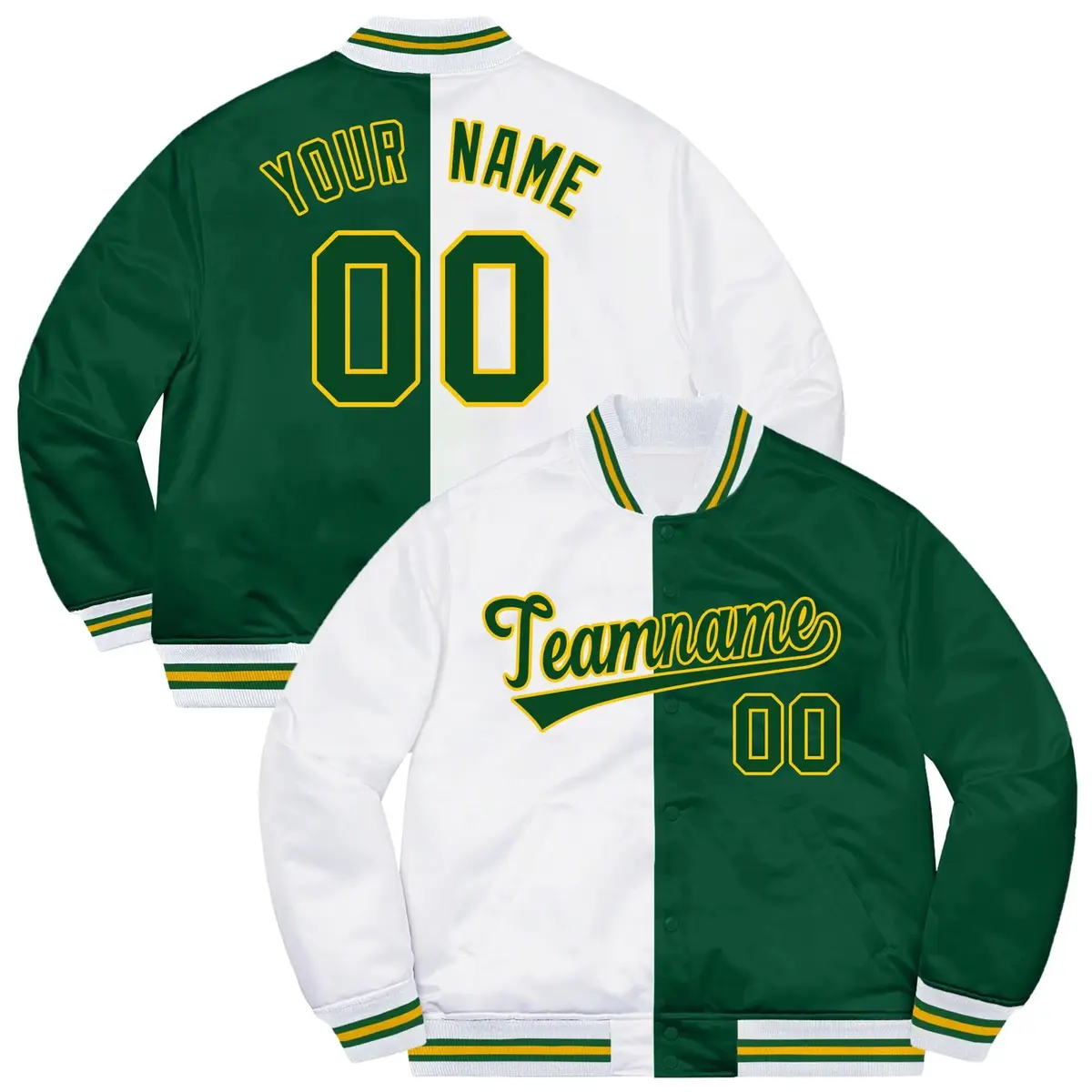 Green White-Gold Blue Split Two Tone Letterman Varsity Jacket
