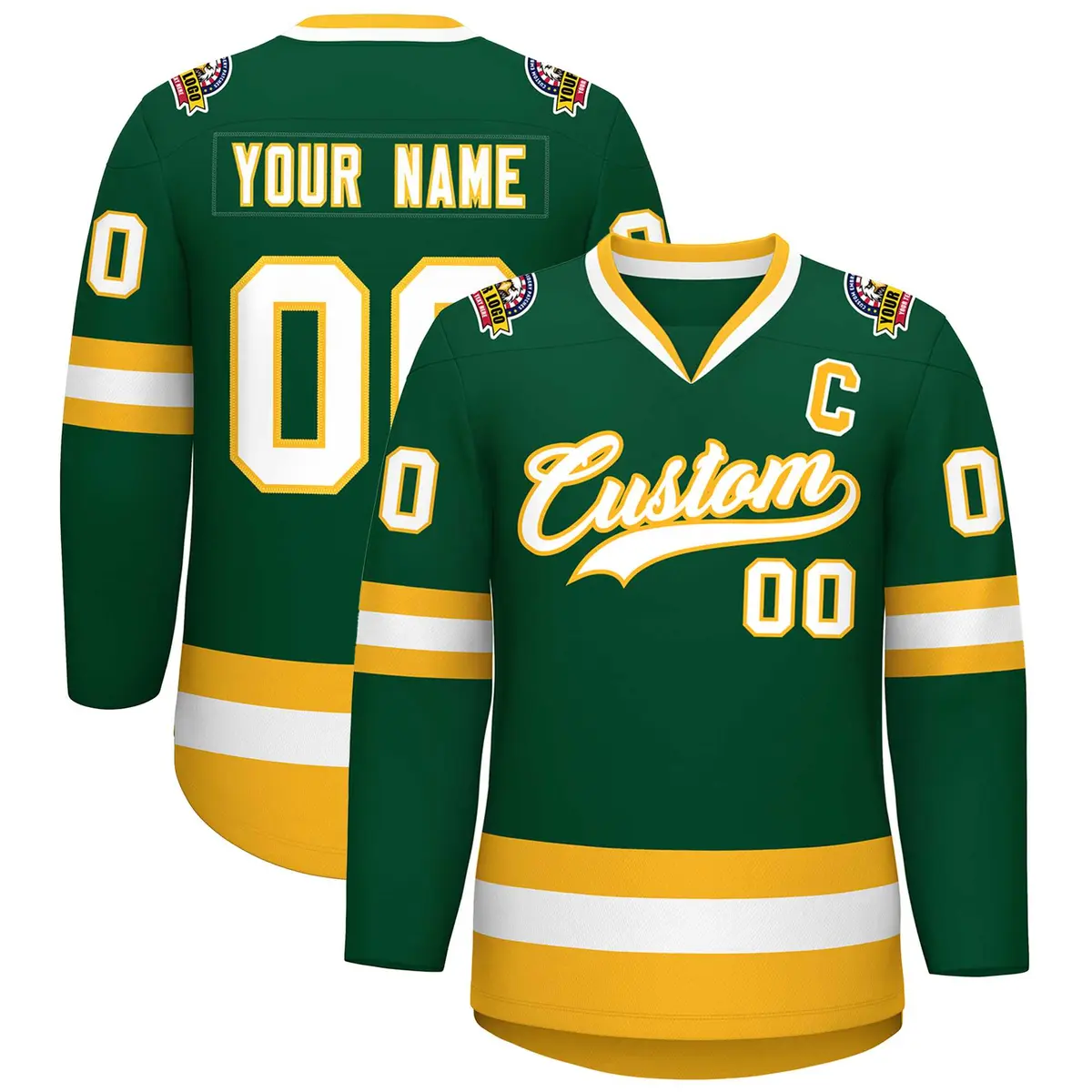 Green White-Gold Classic Style Hockey Jersey