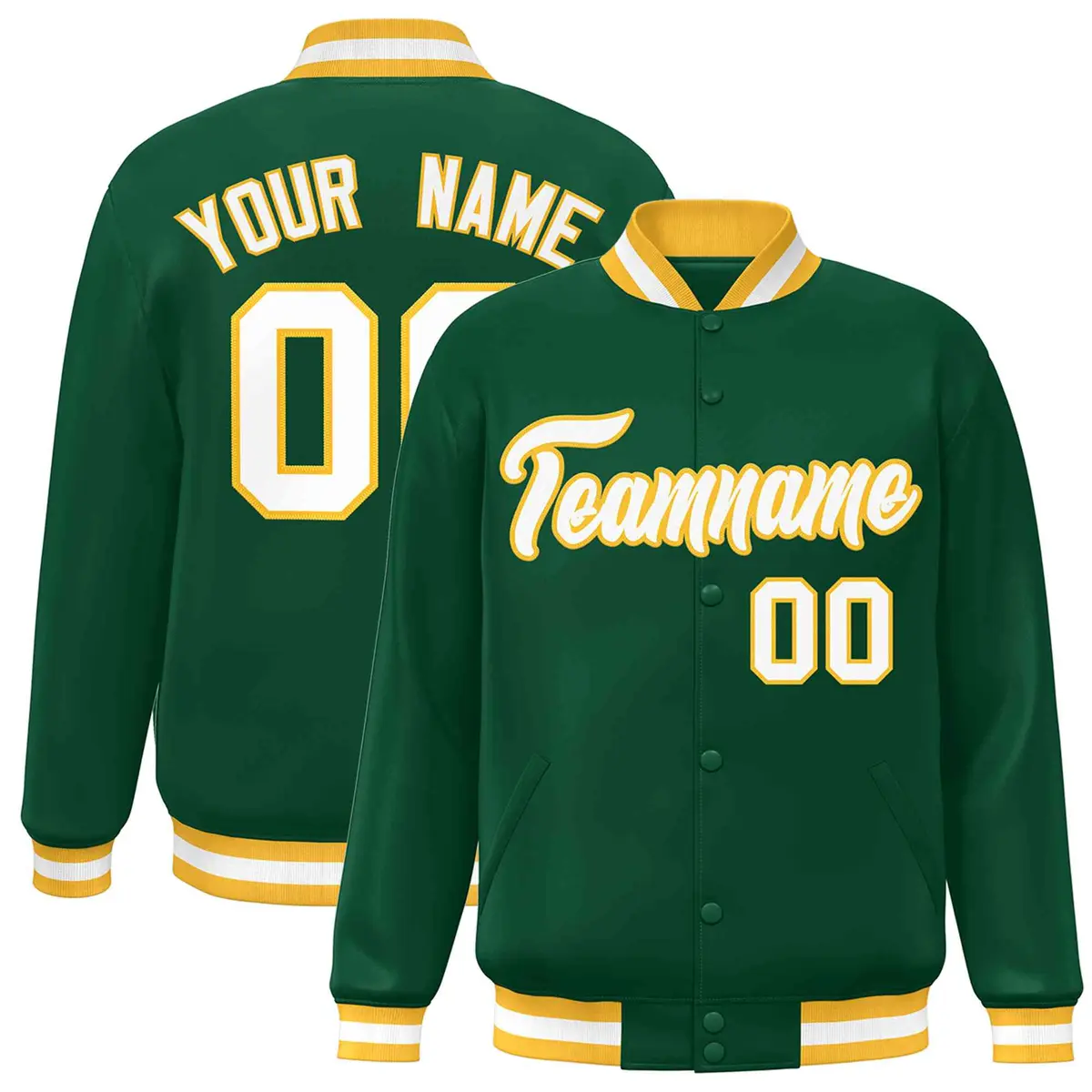 Green White-Gold Classic Varsity Full-Snap Letterman Jacket