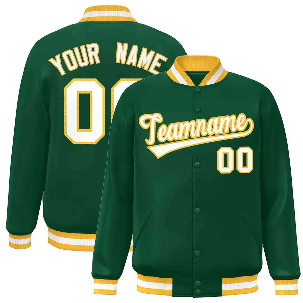 Green White-Gold Classic Varsity Full-Snap Letterman Jacket