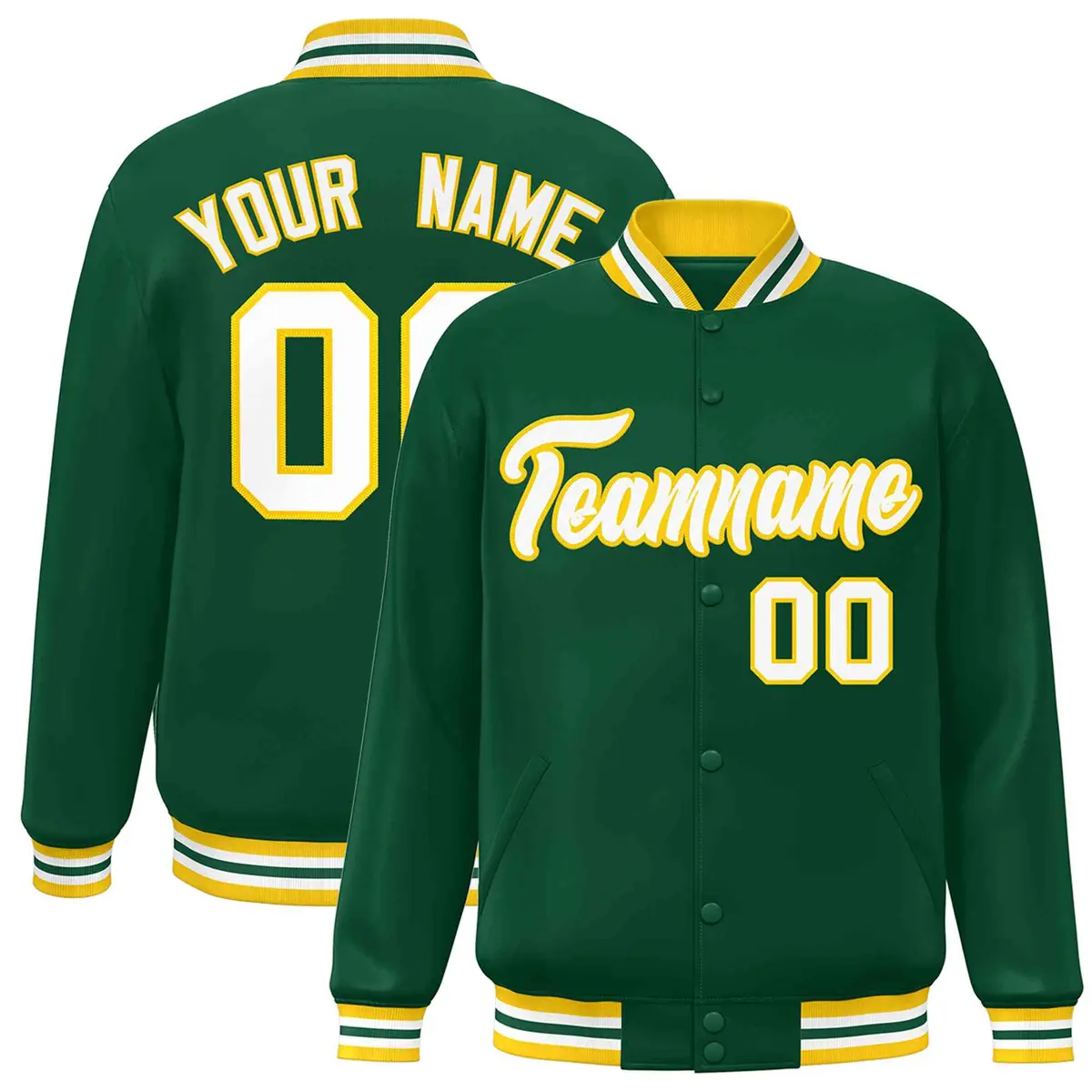 Green White-Gold Classic Varsity Full-Snap Letterman Jacket