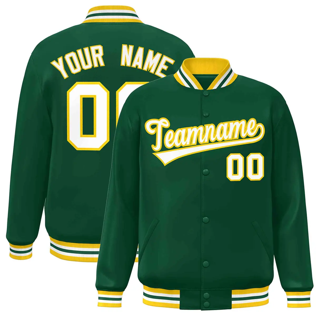 Green White-Gold Classic Varsity Full-Snap Letterman Jacket