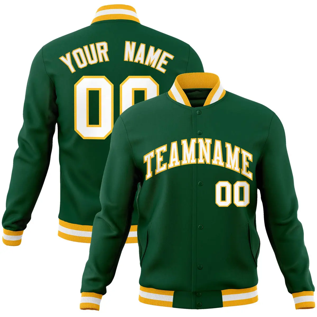 Green White-Gold Classic Varsity Full-Snap Letterman Jacket