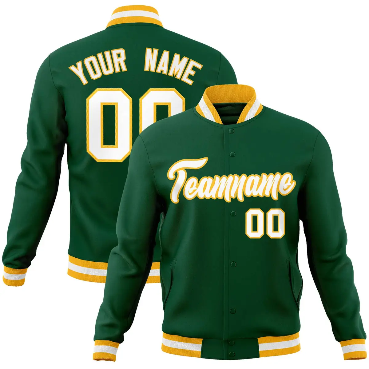 Green White-Gold Classic Varsity Full-Snap Letterman Jacket