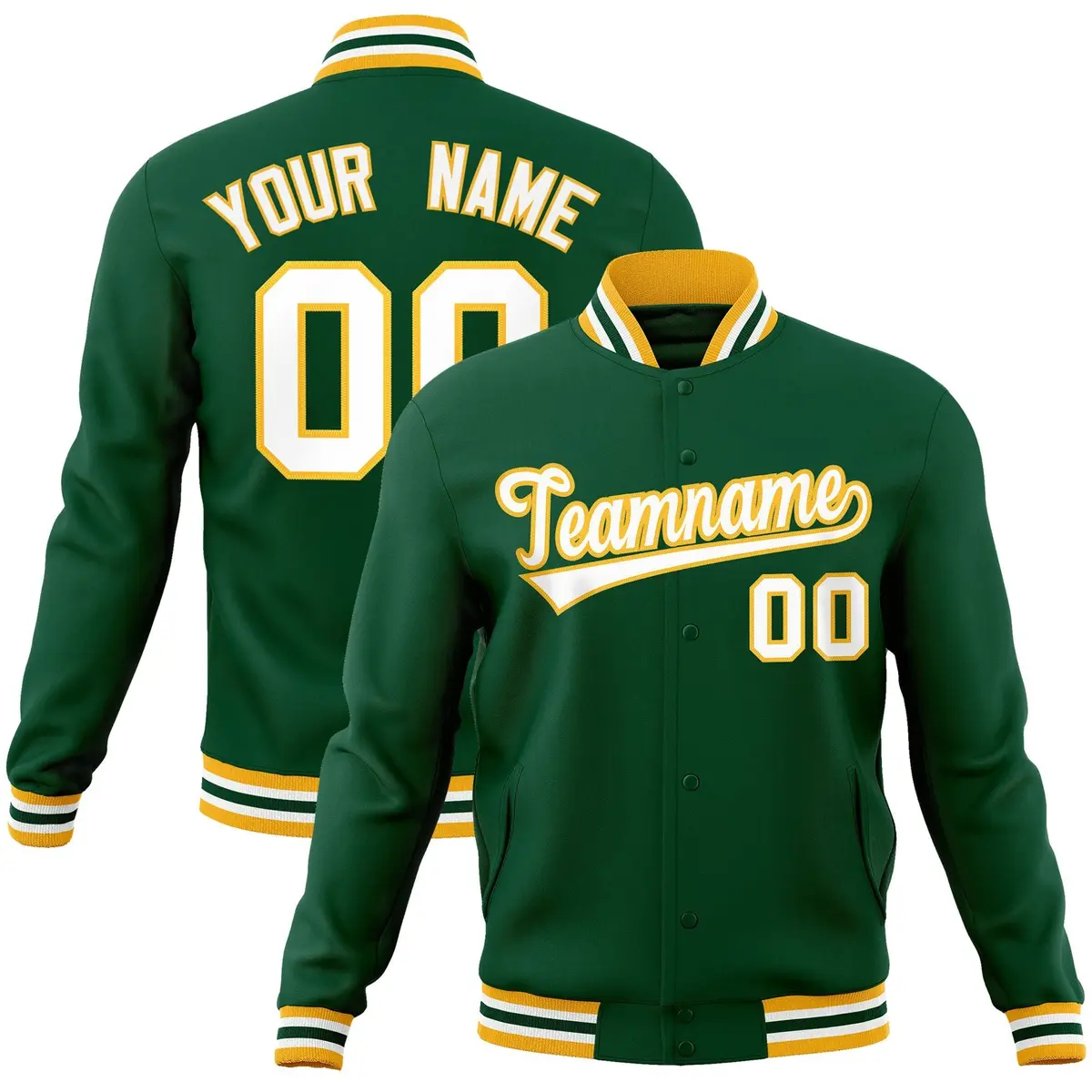 Green White-Gold Classic Varsity Full-Snap Letterman Jacket
