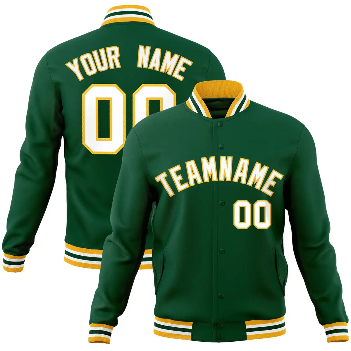 Green White-Gold Classic Varsity Full-Snap Letterman Jacket
