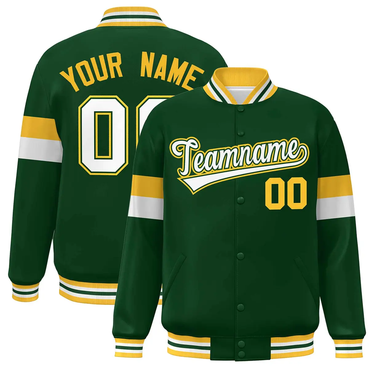 Green White-Gold Color Block Varsity Full-Snap Baseball Jacket