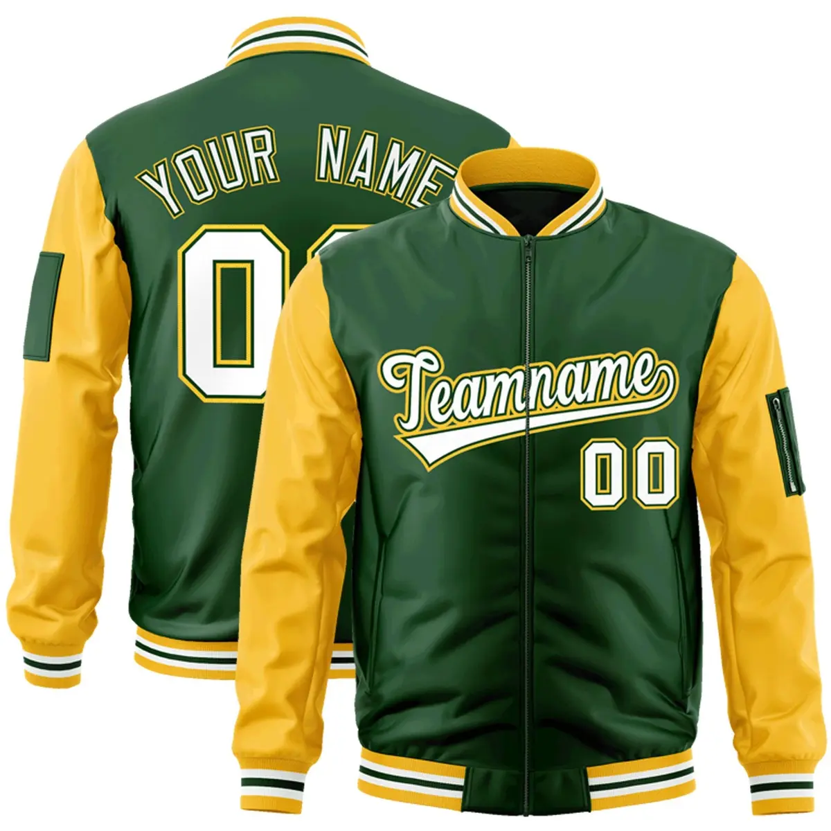Green White-Gold Raglan Varsity Letterman Bomber Jacket