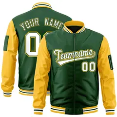 Green White-Gold Raglan Varsity Letterman Bomber Jacket 1