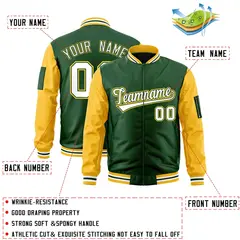 Green White-Gold Raglan Varsity Letterman Bomber Jacket 2