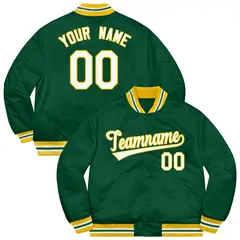 Green White-Gold Solid Full-Snap Varsity Letterman Jacket