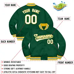 Green White-Gold Solid Full-Snap Varsity Letterman Jacket 2