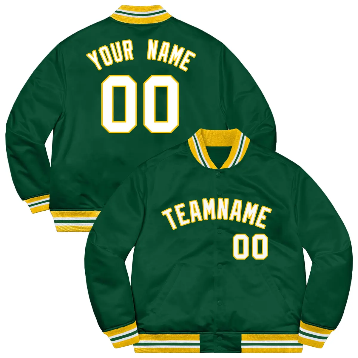 Green White-Gold Solid Full-Snap Varsity Letterman Jacket