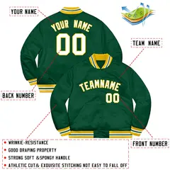 Green White-Gold Solid Full-Snap Varsity Letterman Jacket 2