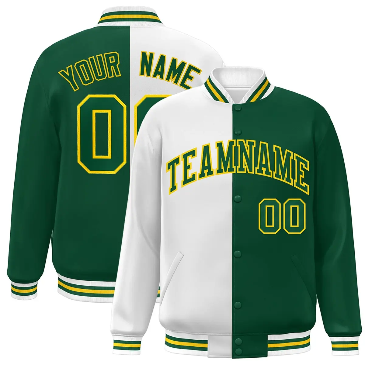 Green White-Gold Split Varsity Full-Snap Letterman Jacket