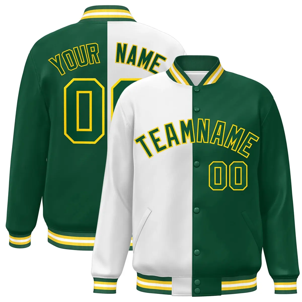 Green White-Gold Split Varsity Full-Snap Letterman Jacket
