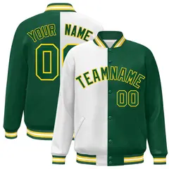 Green White-Gold Split Varsity Full-Snap Letterman Jacket