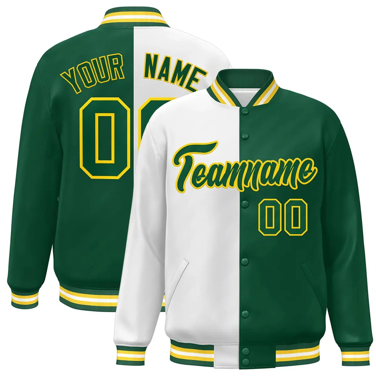 Green White-Gold Split Varsity Full-Snap Letterman Jacket